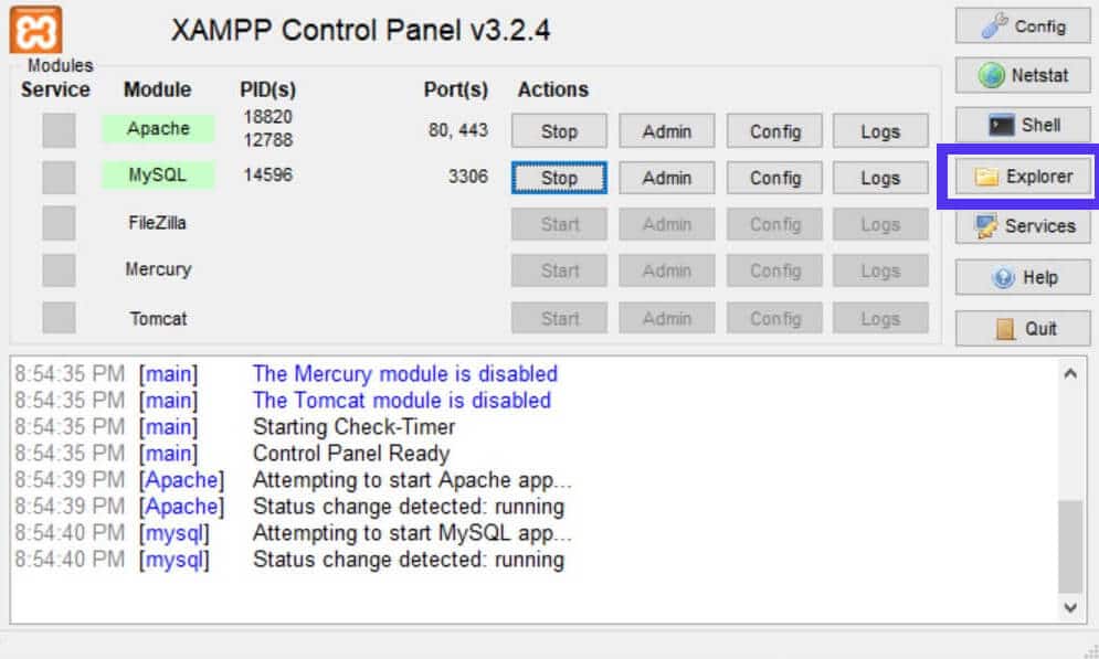 El botón Explorador del panel de control de XAMPP abre el explorador de archivos.