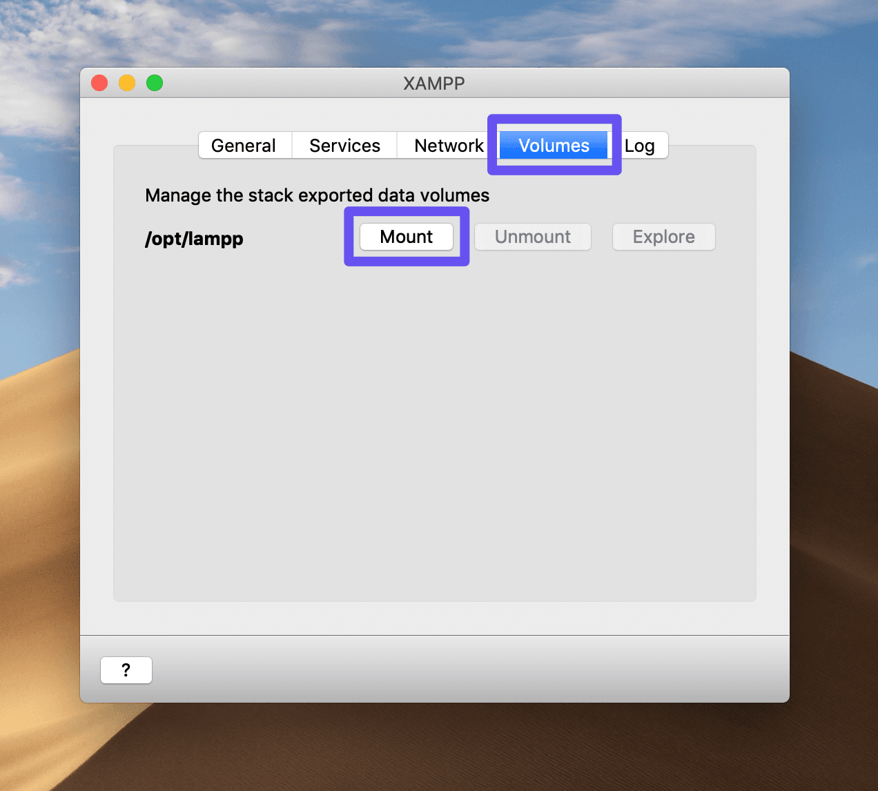 Ficha Nombres del panel de control de MacOS XAMPP-VM.