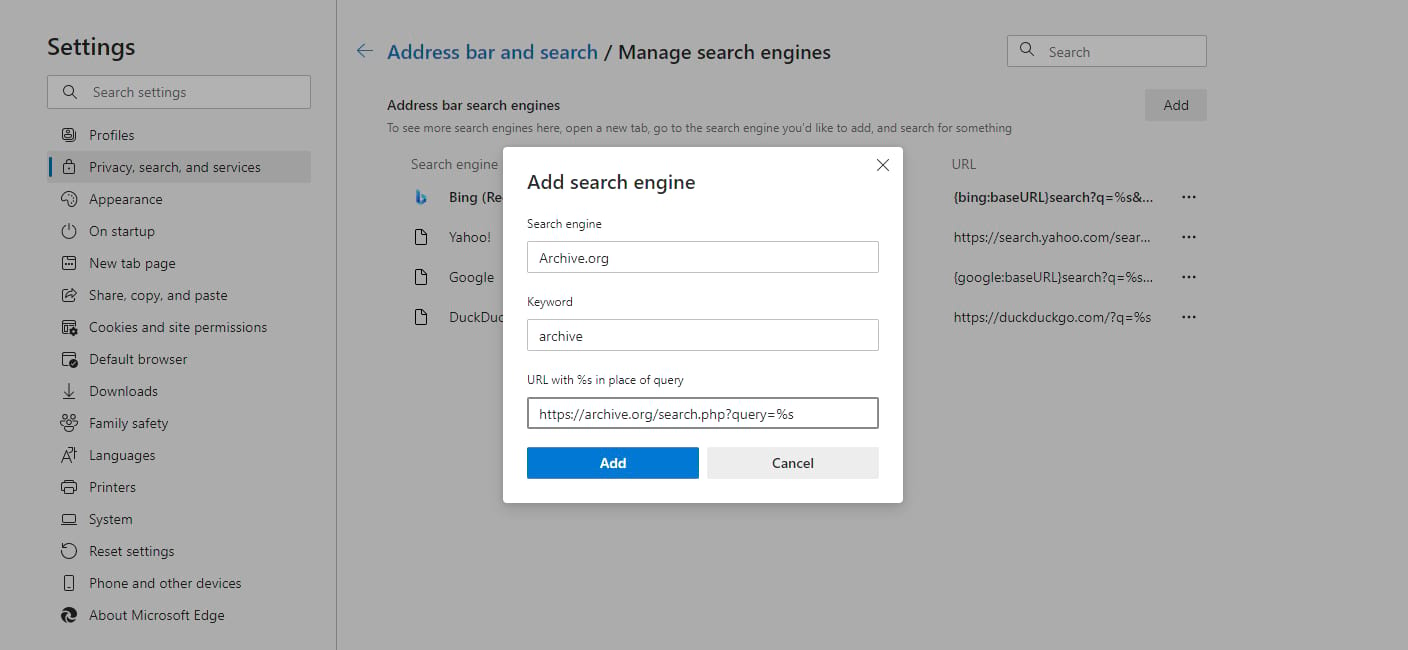 Agregue una nueva opción de motor de búsqueda a la barra de direcciones de Edge.
