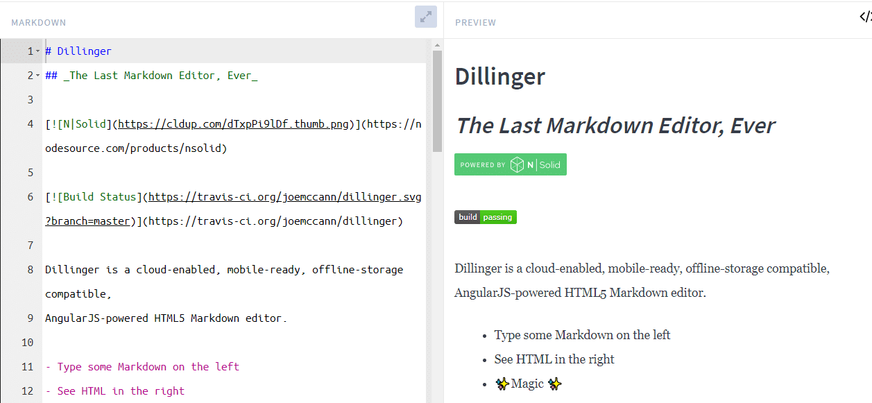 El Dillinger Markdown Editor muestra el texto de relleno marcado a la izquierda y el texto de estilo creado a la derecha.