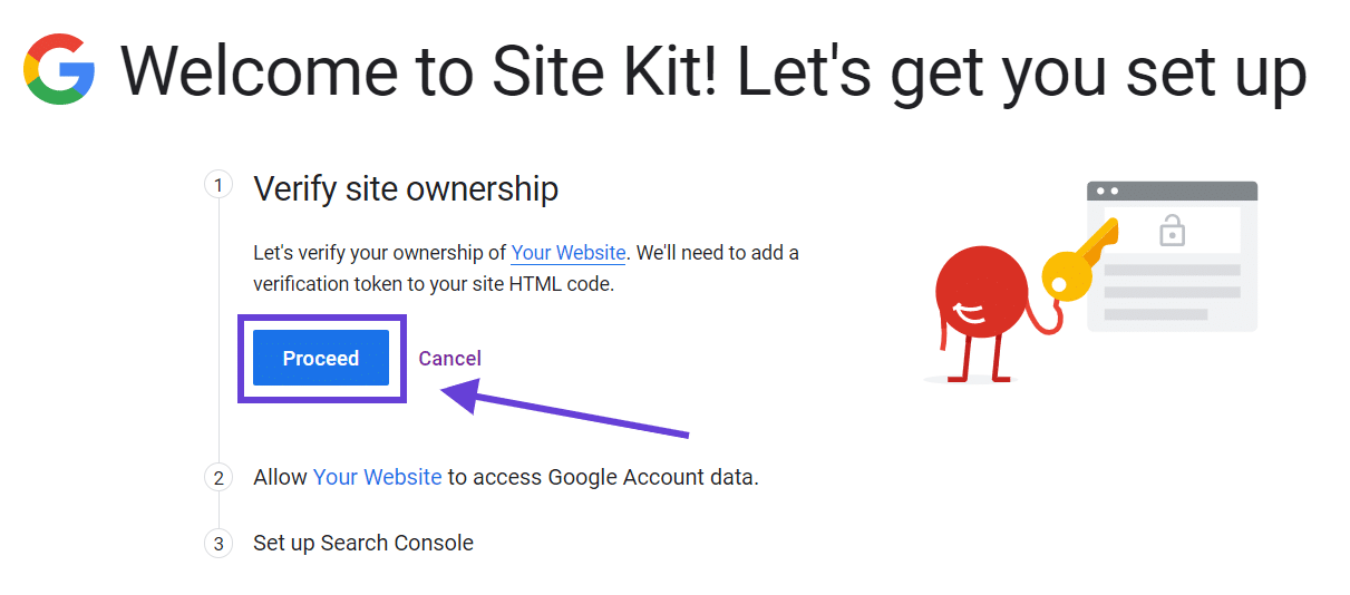 La capacidad de habilitar el kit del sitio para confirmar que usted es el propietario de su sitio web, la flecha apunta a 