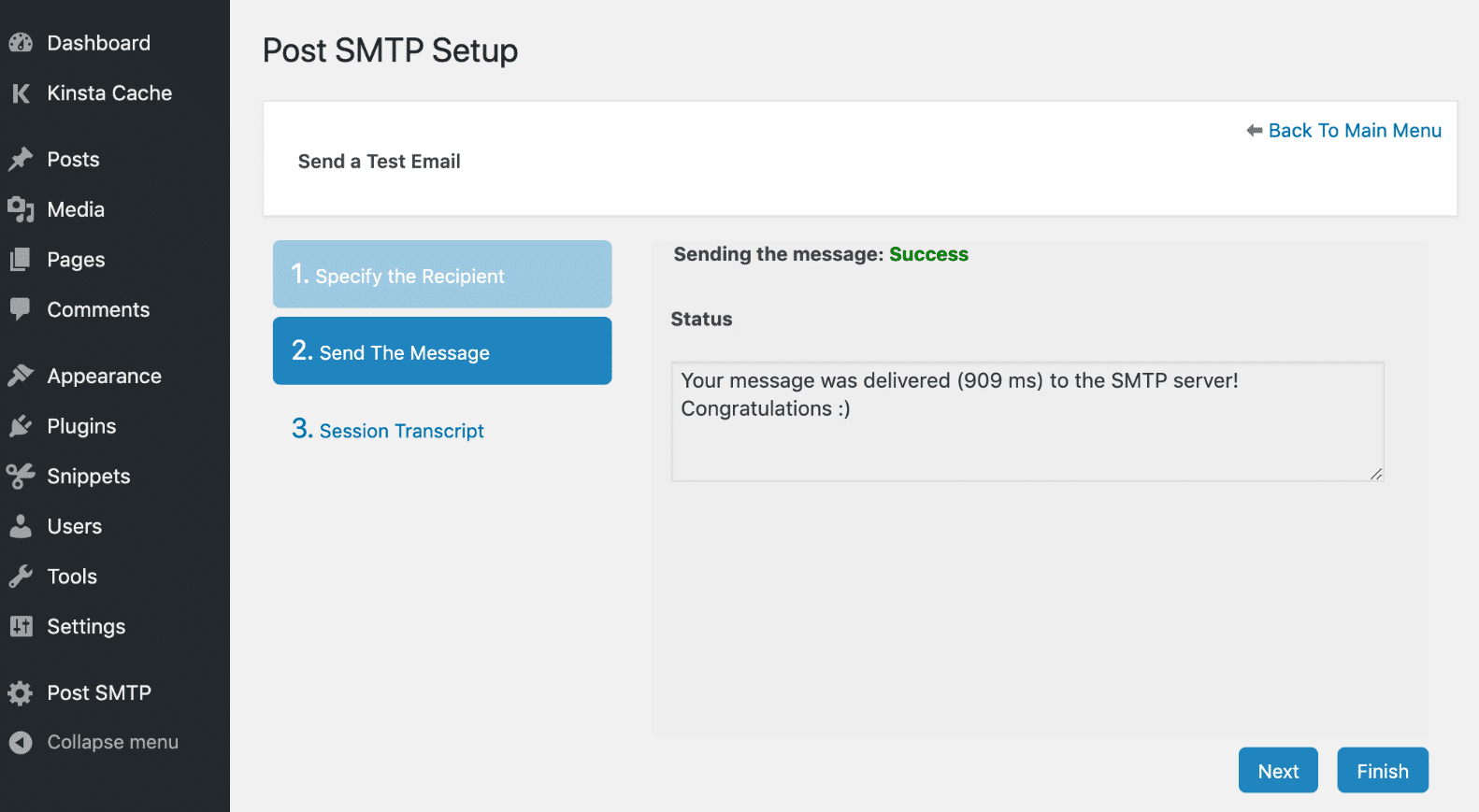 El mensaje de prueba SMTP se publicó correctamente