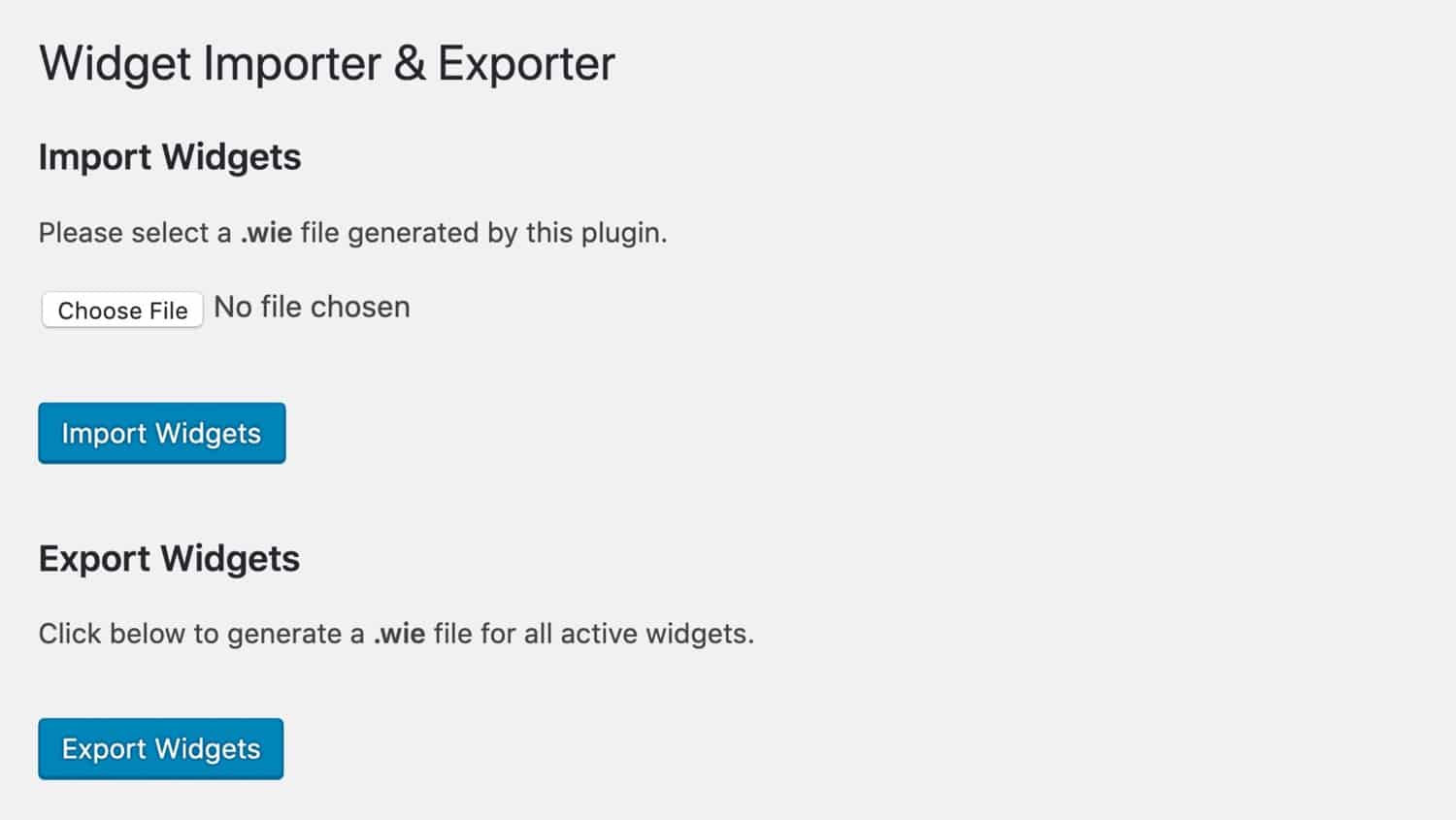 Pantalla de importación y exportación de widgets