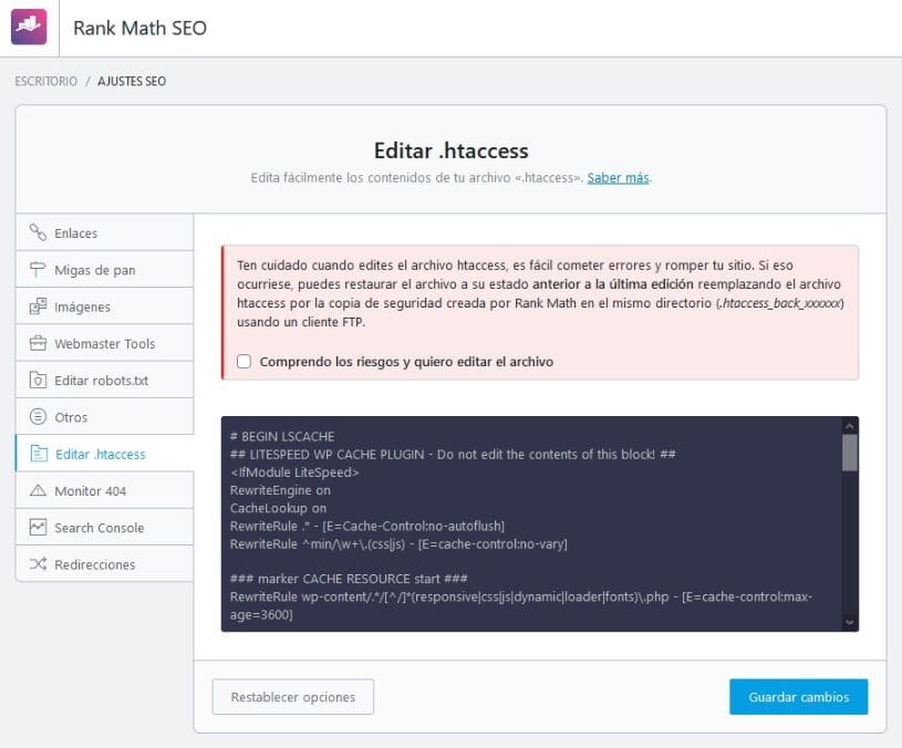 Editar la configuración general htaccess