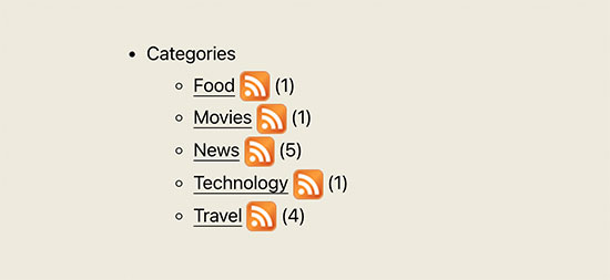 Lista de categorías con icono de fuente RSS
