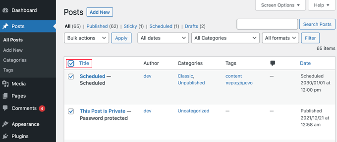 Haga clic en la casilla de verificación junto al título para seleccionar todas las publicaciones.