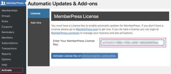 Ingrese su clave de licencia de MemberPress