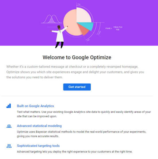 Página de bienvenida de Google Optimize con el botón de introducción