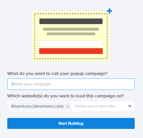 Asigne un nombre a su campaña emergente de cupones y elija un sitio web para ejecutarla