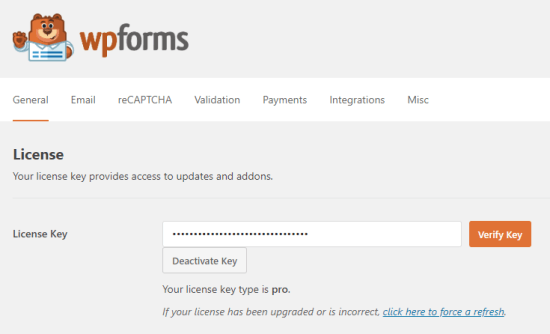 Ingrese la clave de licencia para WPForms