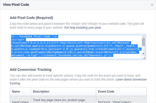 Copia el código de píxel de Facebook