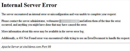 Ejemplo de un sitio web de WordPress tiene un error de servidor adicional