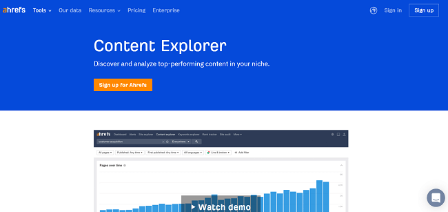 Página de destino de Ahrefs Content Explorer
