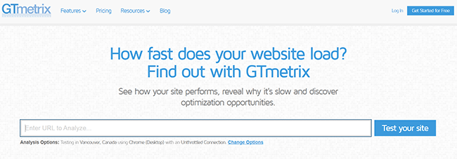 página de inicio de gt metrix
